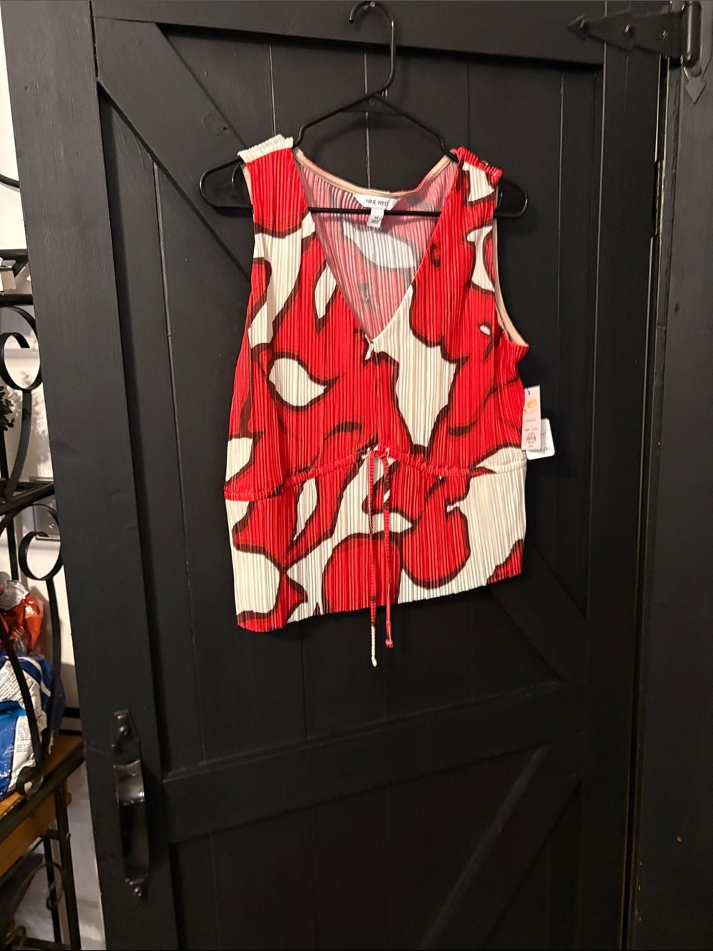 Nine West Red & White Abstract Drawstring Tank